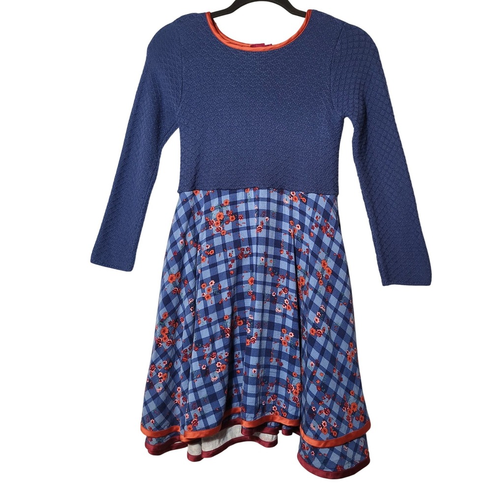 Wild Flowers Girls Blue Textured Knit Plaid Floral Mixed Media Dress Size 14